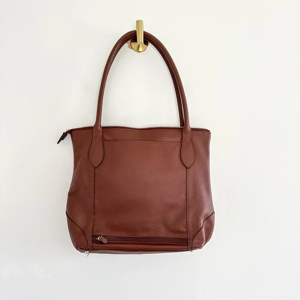 Lodis Leather Zip Around Double Handle Strap Tote Bag Brown
